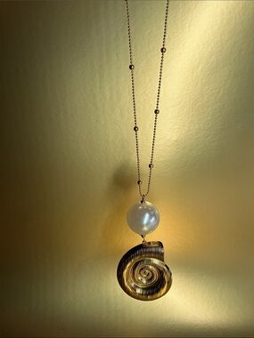 Gold Shell Pendant Necklace with Pearl Accent - Women Jewelry